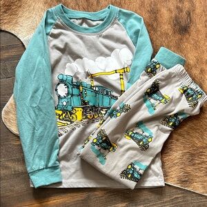 Kids Train Pajamas - Teal and Gray
